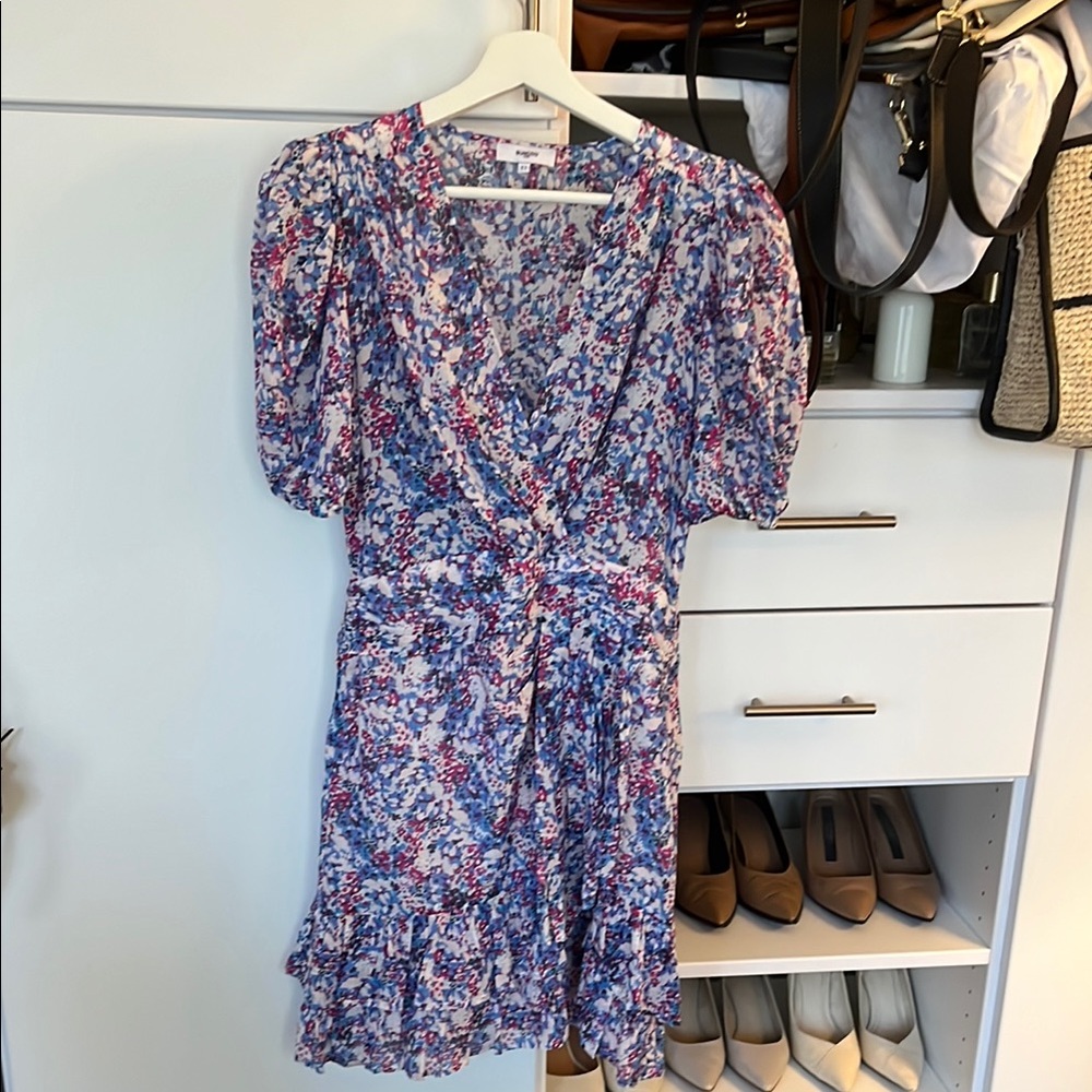 SUNCOO Blue and Pink Ruffled Wrap Mini Dress